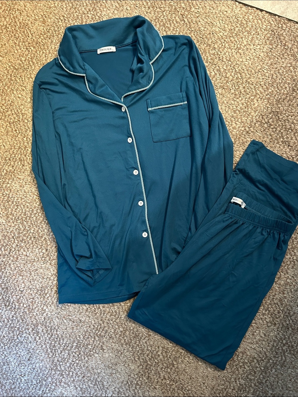 Teal Button-Up Pajama Set with Contrast Piping
